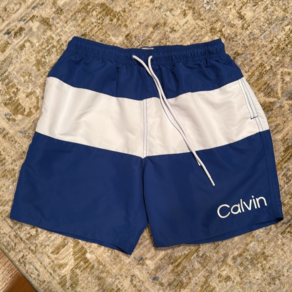Calvin Klein Swim Trunks Blue White Stripe Men’s L